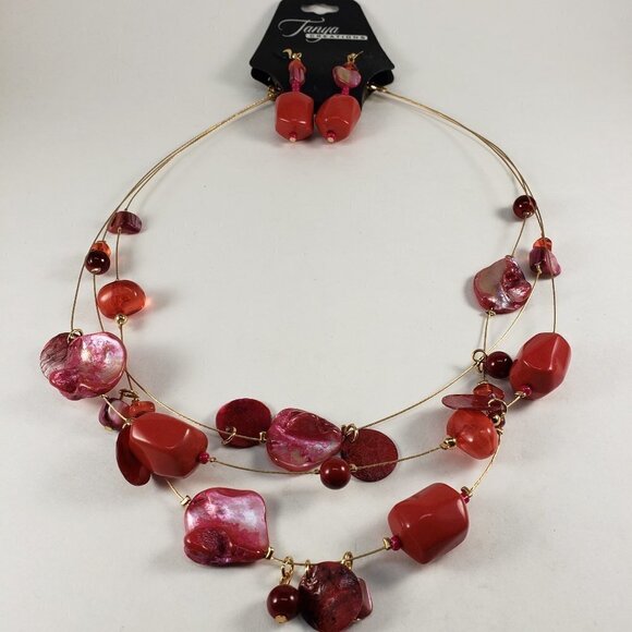 20'-inch Multi-Strand Illusion Necklace – Gold & Red Seashell Beads w/ Earrings - Picture 11 of 12